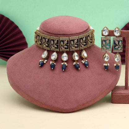 Blue Color Unique Brass Choker Necklace With Ad And Moissanite Stone (CZN1065BLU)