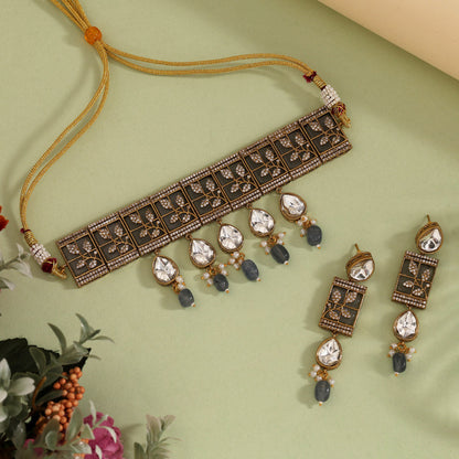 Grey Color Unique Brass Choker Necklace With Ad And Moissanite Stone (CZN1065GRY)