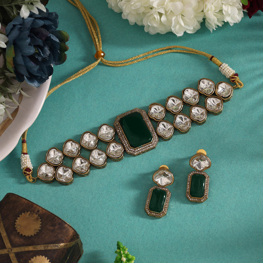 Green Color Premium Quality Moissanite And Monalisa Stone Decorated Choker Necklace (CZN1066GRN)