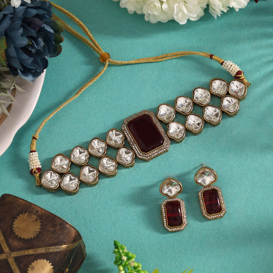Maroon Color Premium Quality Moissanite And Monalisa Stone Decorated Choker Necklace (CZN1066MRN)