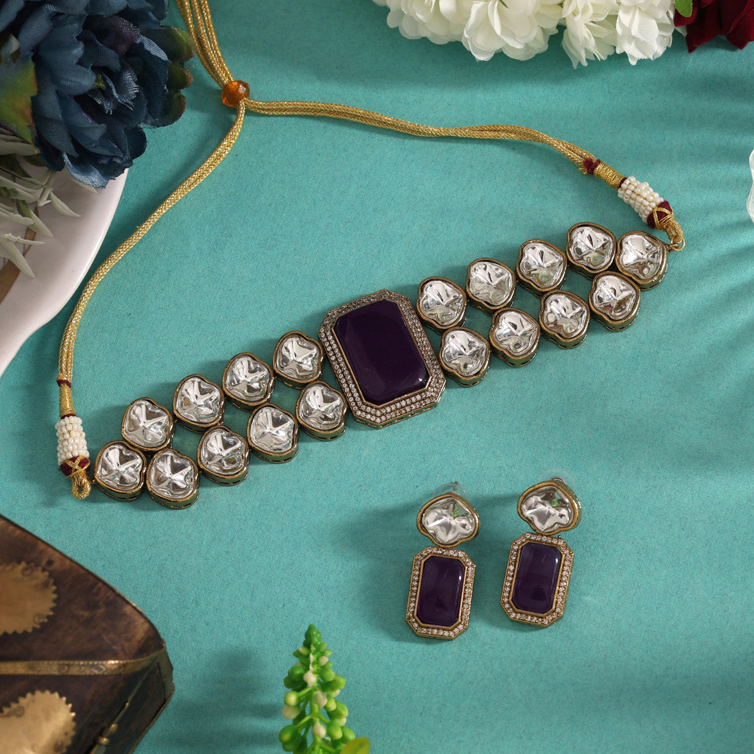 Purple Color Premium Quality Moissanite And Monalisa Stone Decorated Choker Necklace (CZN1066PRP)