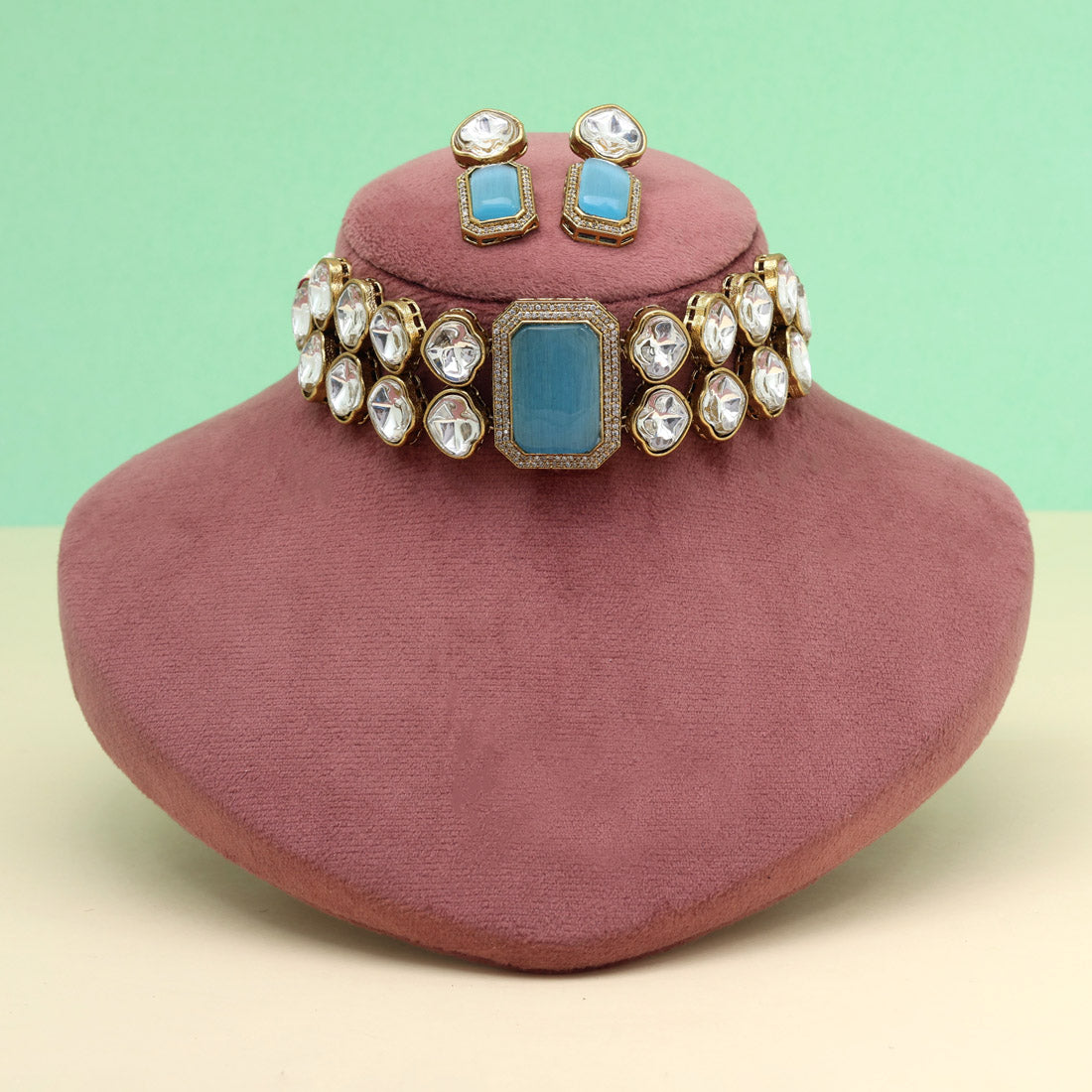 Sky Blue Color Premium Quality Moissanite And Monalisa Stone Decorated Choker Necklace (CZN1066SBLU)