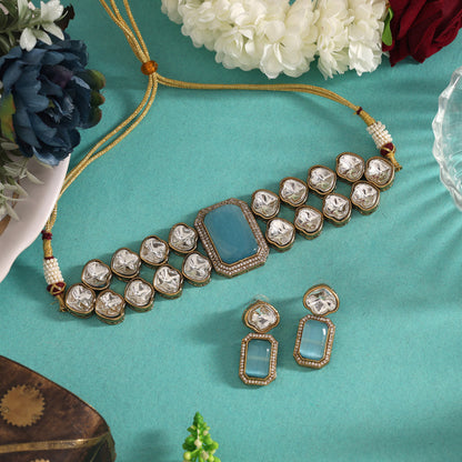 Sky Blue Color Premium Quality Moissanite And Monalisa Stone Decorated Choker Necklace (CZN1066SBLU)