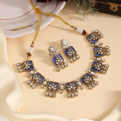 Blue Color Premium Handmade Brass Necklace With Moissanite Stones (CZN1069BLU)