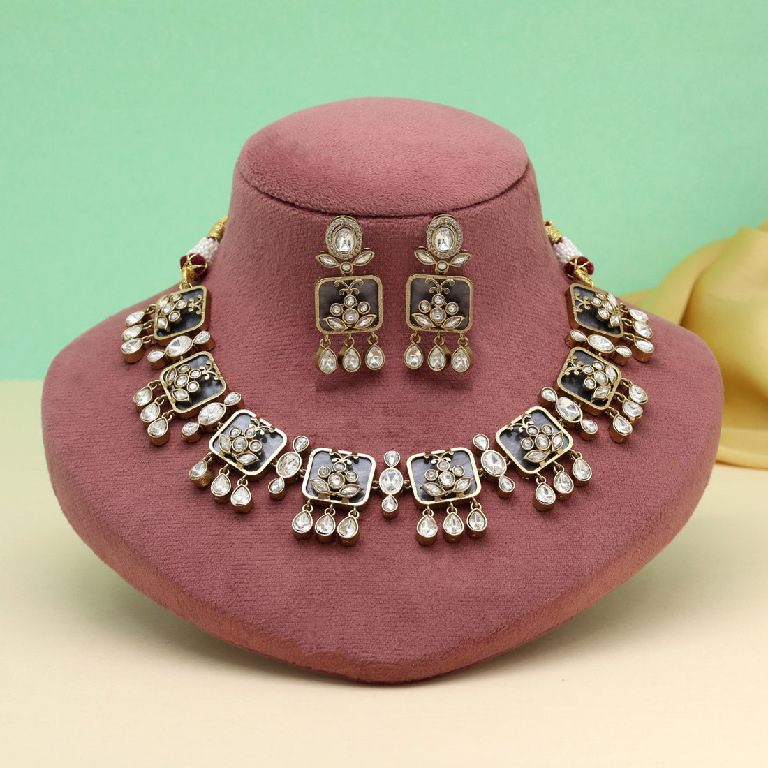 Grey Color Premium Handmade Brass Necklace With Moissanite Stones (CZN1069GRY)