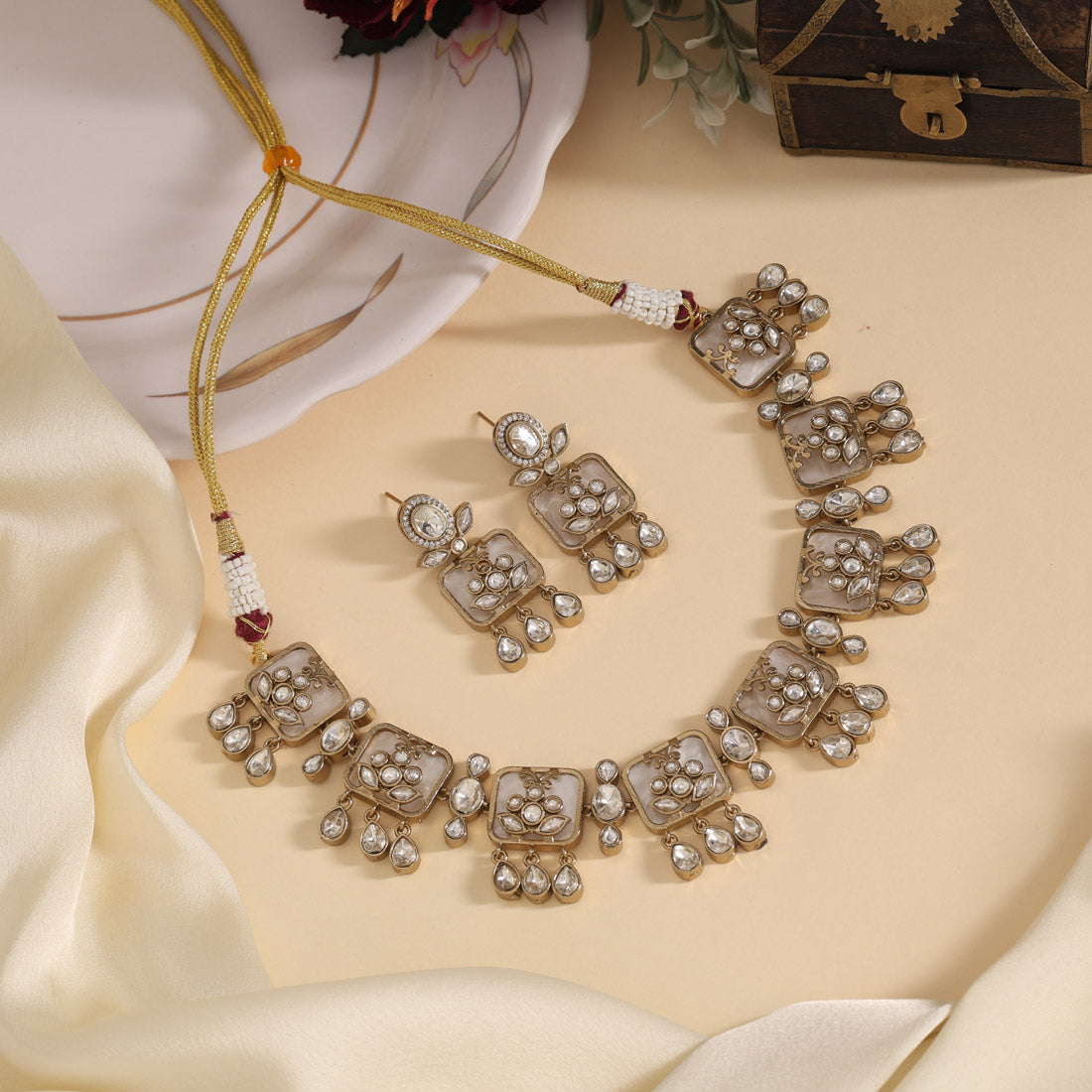 Off White Color Premium Handmade Brass Necklace With Moissanite Stones (CZN1069OWHT)