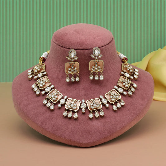 Peach Color Premium Handmade Brass Necklace With Moissanite Stones (CZN1069PCH)