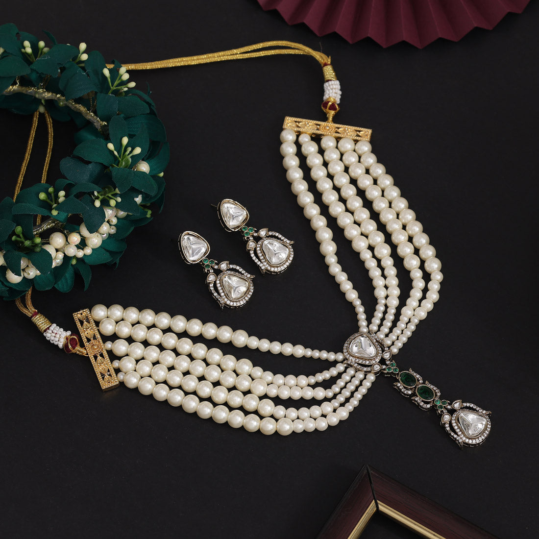Green Color Handmade Premium Pearl Necklace Decorated With Moissanite And Monalisa Stones From Jaipur (CZN1073GRN)