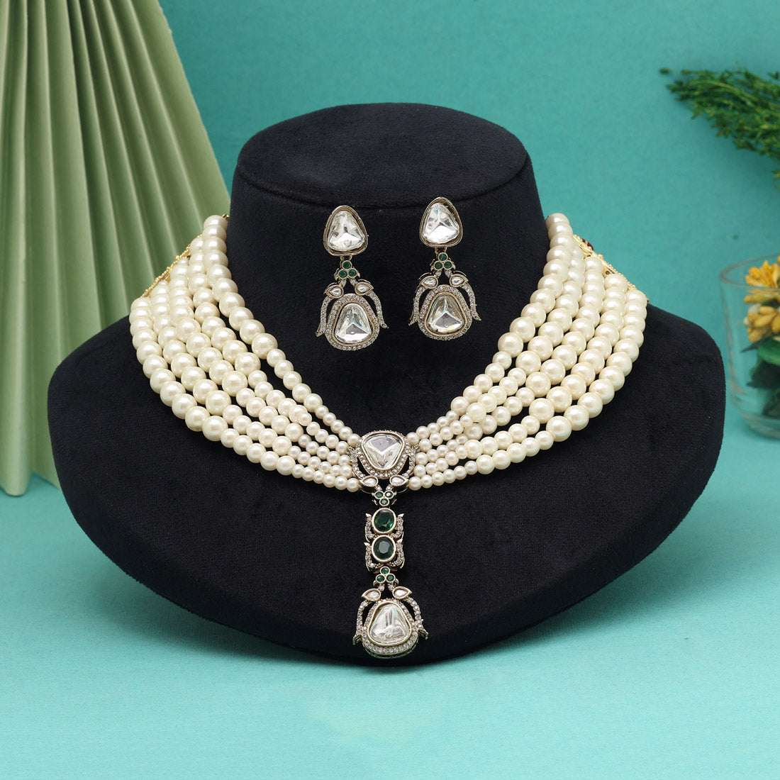 Green Color Handmade Premium Pearl Necklace Decorated With Moissanite And Monalisa Stones From Jaipur (CZN1073GRN)
