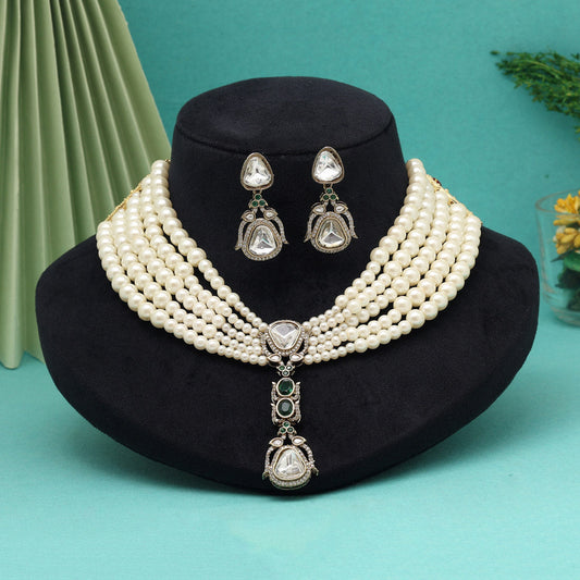 Green Color Handmade Premium Pearl Necklace Decorated With Moissanite And Monalisa Stones From Jaipur (CZN1073GRN)