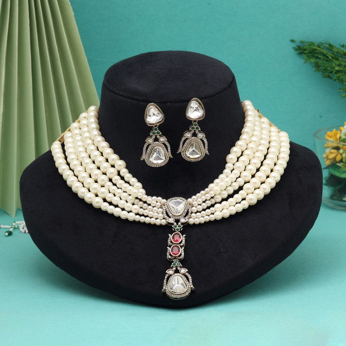 Rani & Green Color Handmade Premium Pearl Necklace Decorated With Moissanite And Monalisa Stones From Jaipur (CZN1073RNIGRN)