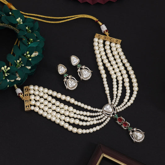 Rani & Green Color Handmade Premium Pearl Necklace Decorated With Moissanite And Monalisa Stones From Jaipur (CZN1073RNIGRN)