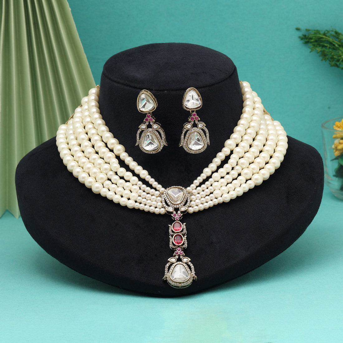 Rani Color Handmade Premium Pearl Necklace Decorated With Moissanite And Monalisa Stones From Jaipur (CZN1073RNI)