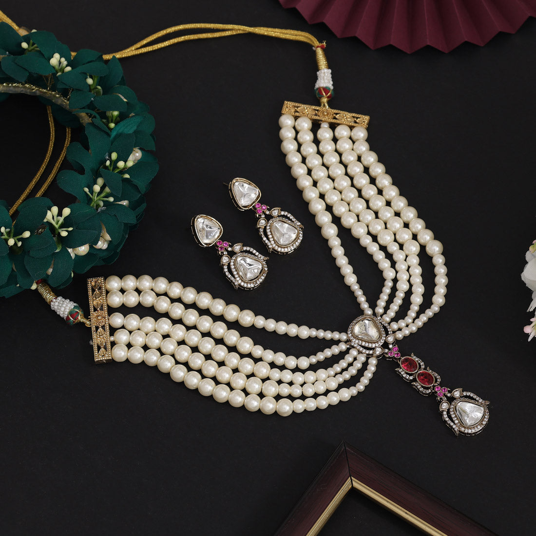 Rani Color Handmade Premium Pearl Necklace Decorated With Moissanite And Monalisa Stones From Jaipur (CZN1073RNI)
