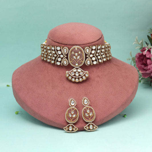 Pink Color Choker American Diamond Necklaces Set