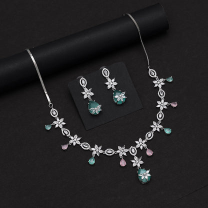 Pink & Pista Green Color American Diamond Necklaces Set