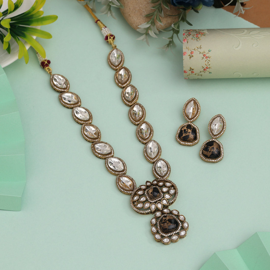 Black Color American Diamond Necklace Set For Bold And Elegant Looks