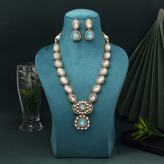 Firozi Color American Diamond Necklace Set With Glamorous Shiny Stone Finish