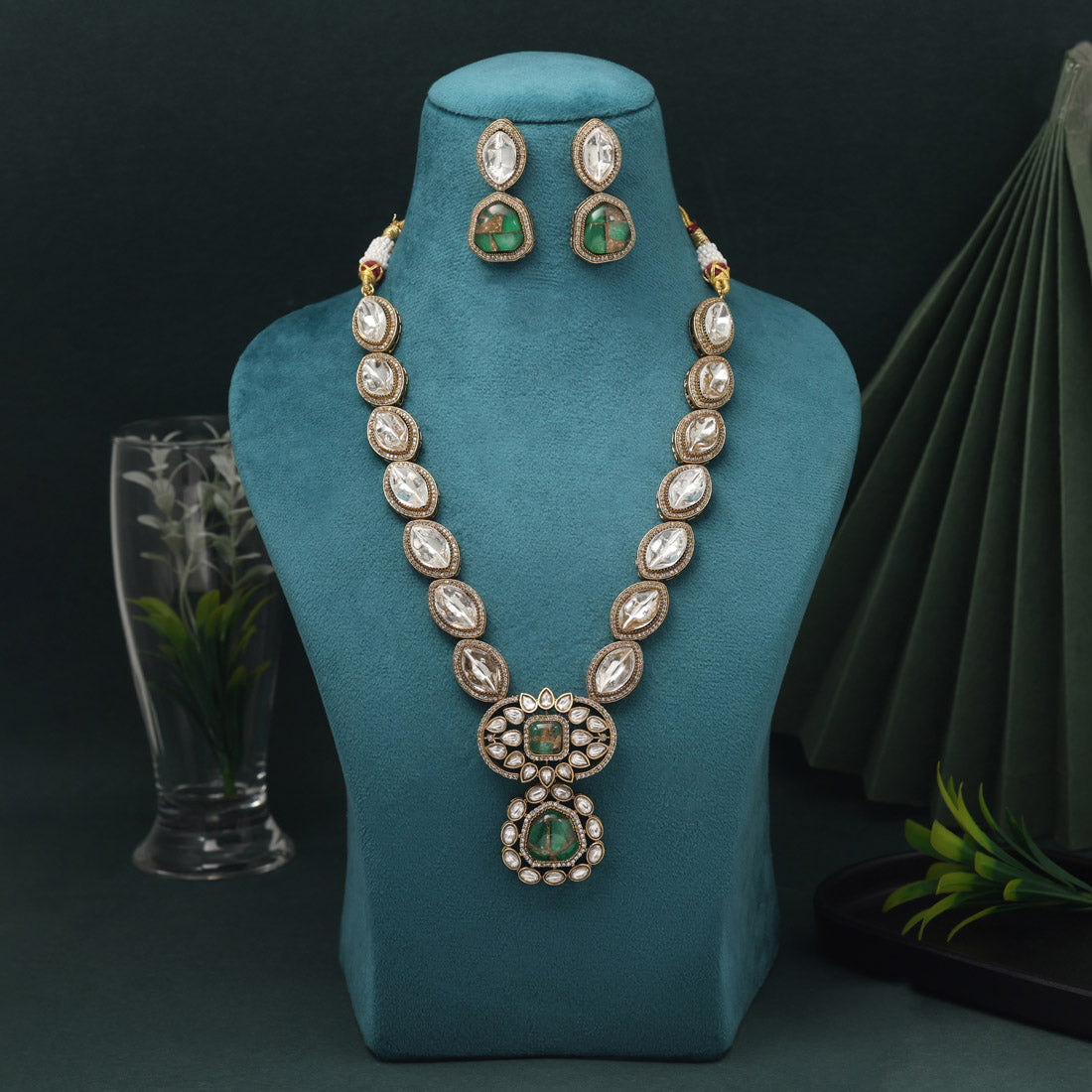 Green Color American Diamond Necklace Set With Beautifully Carved Stone Design