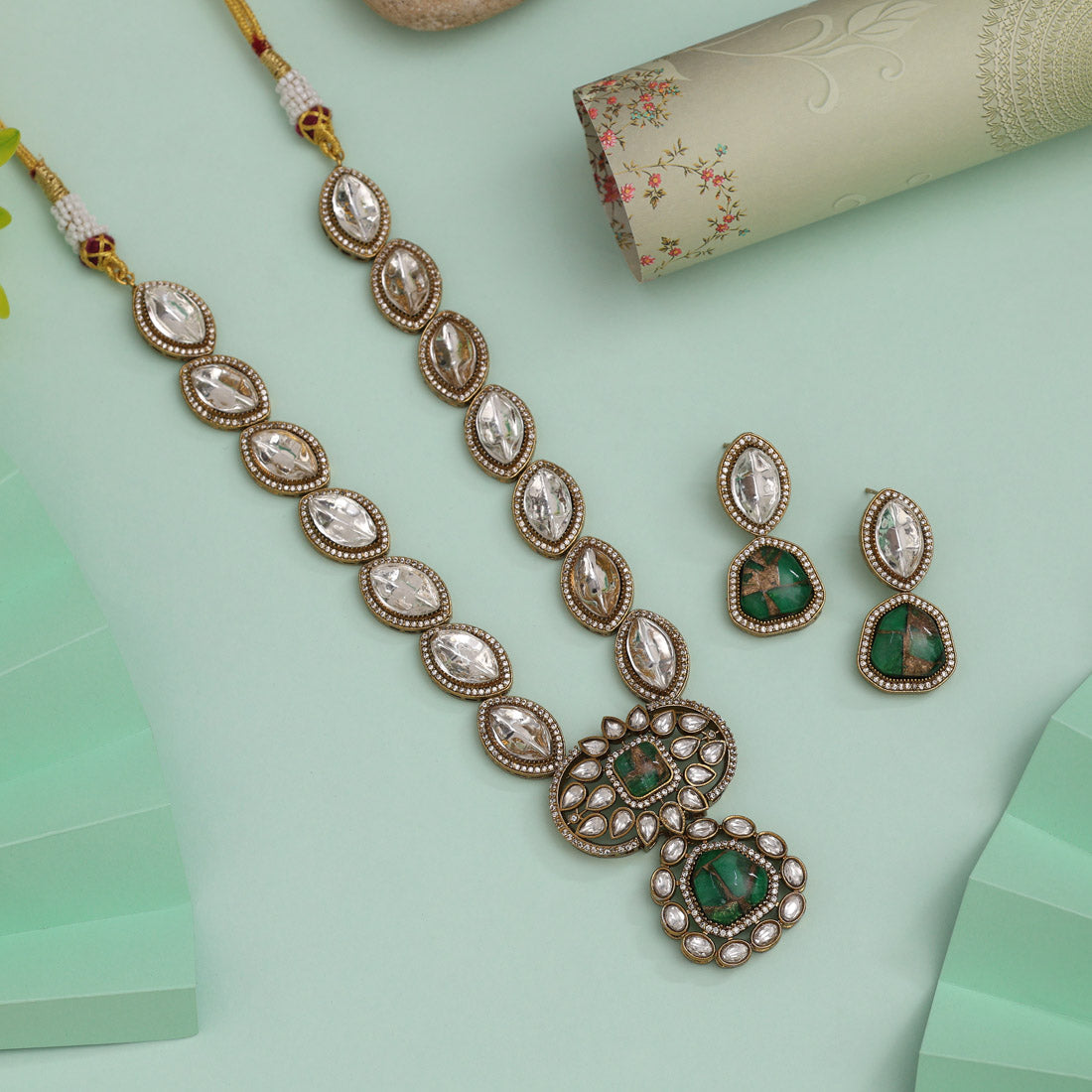 Green Color American Diamond Necklace Set With Beautifully Carved Stone Design