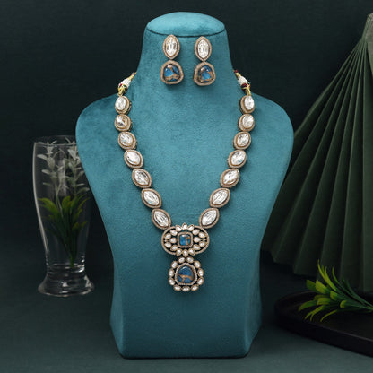 Turquoise Blue Color American Diamond Necklace Set For Sophisticated Occasions