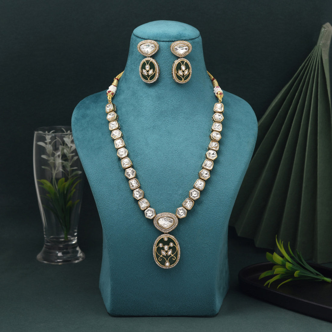 Green Color American Diamond Necklace Set With Sparkling Detailing And Modern Flair