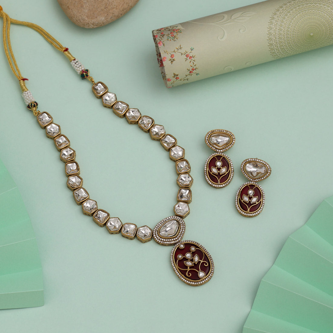 Maroon Color American Diamond Necklace Set For Classic Traditional Outfit Styling