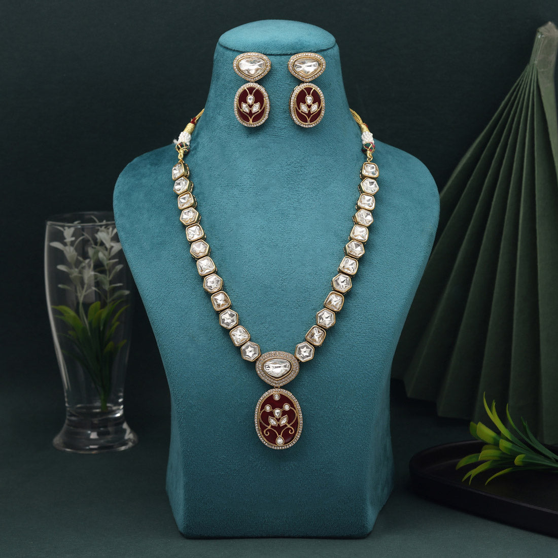 Maroon Color American Diamond Necklace Set For Classic Traditional Outfit Styling