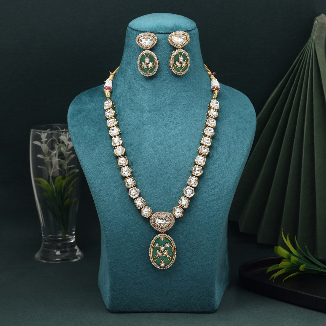 Rama Green Color American Diamond Necklace Set With Unique Antique Finish