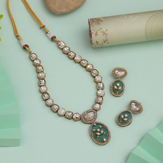 Rama Green Color American Diamond Necklace Set With Unique Antique Finish