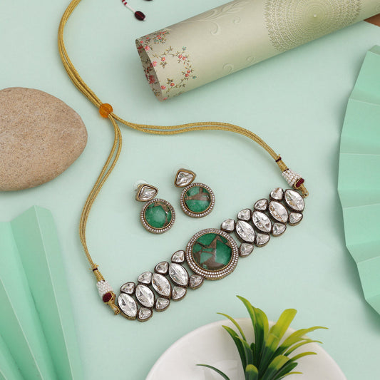 Green Color Choker American Diamond Necklace Set With Traditional Beaded Design