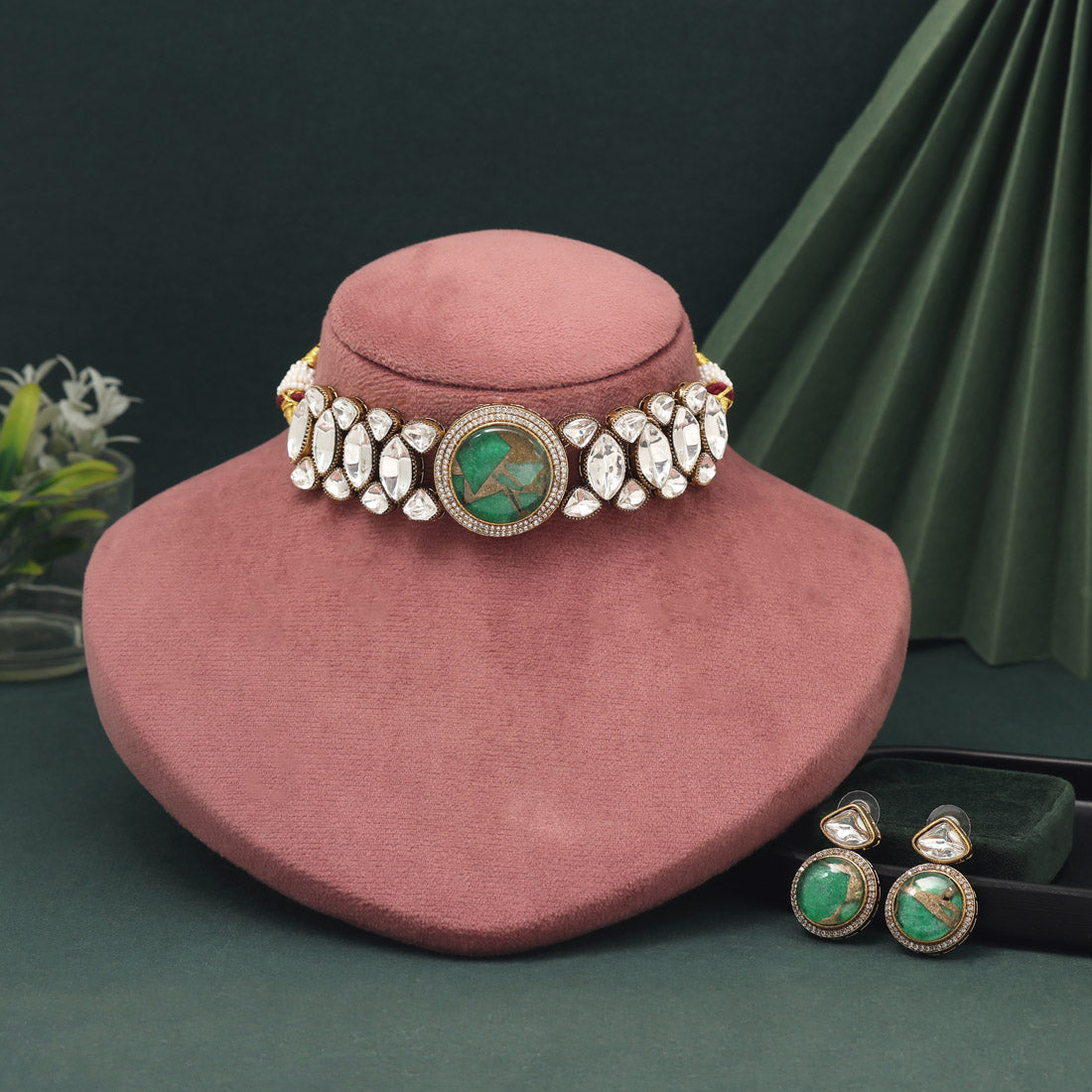 Green Color Choker American Diamond Necklace Set With Traditional Beaded Design