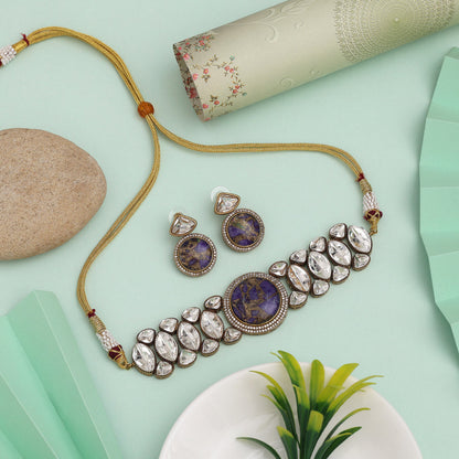 Purple Color Choker American Diamond Necklace Set For Fashion-Forward Accessories