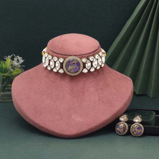 Purple Color Choker American Diamond Necklace Set For Fashion-Forward Accessories