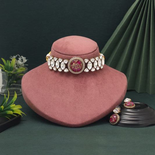 Rani Color Choker American Diamond Necklace Set With Elegant Stone Craft