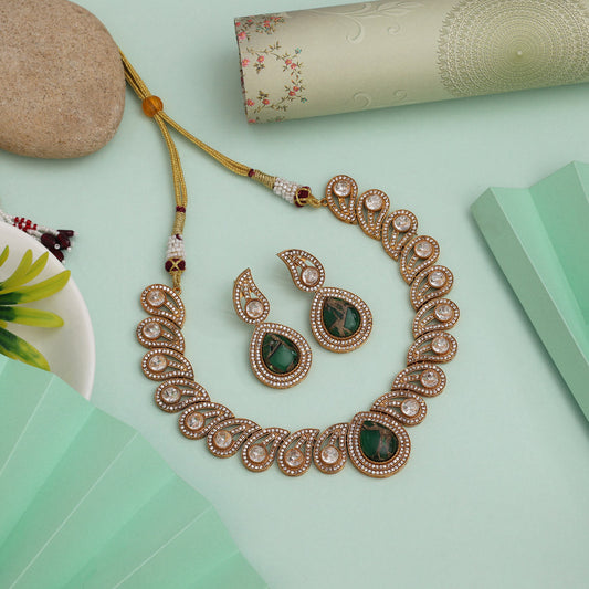 Bright Green Color American Diamond Necklace Set For Daily Festive Outfit Pairing
