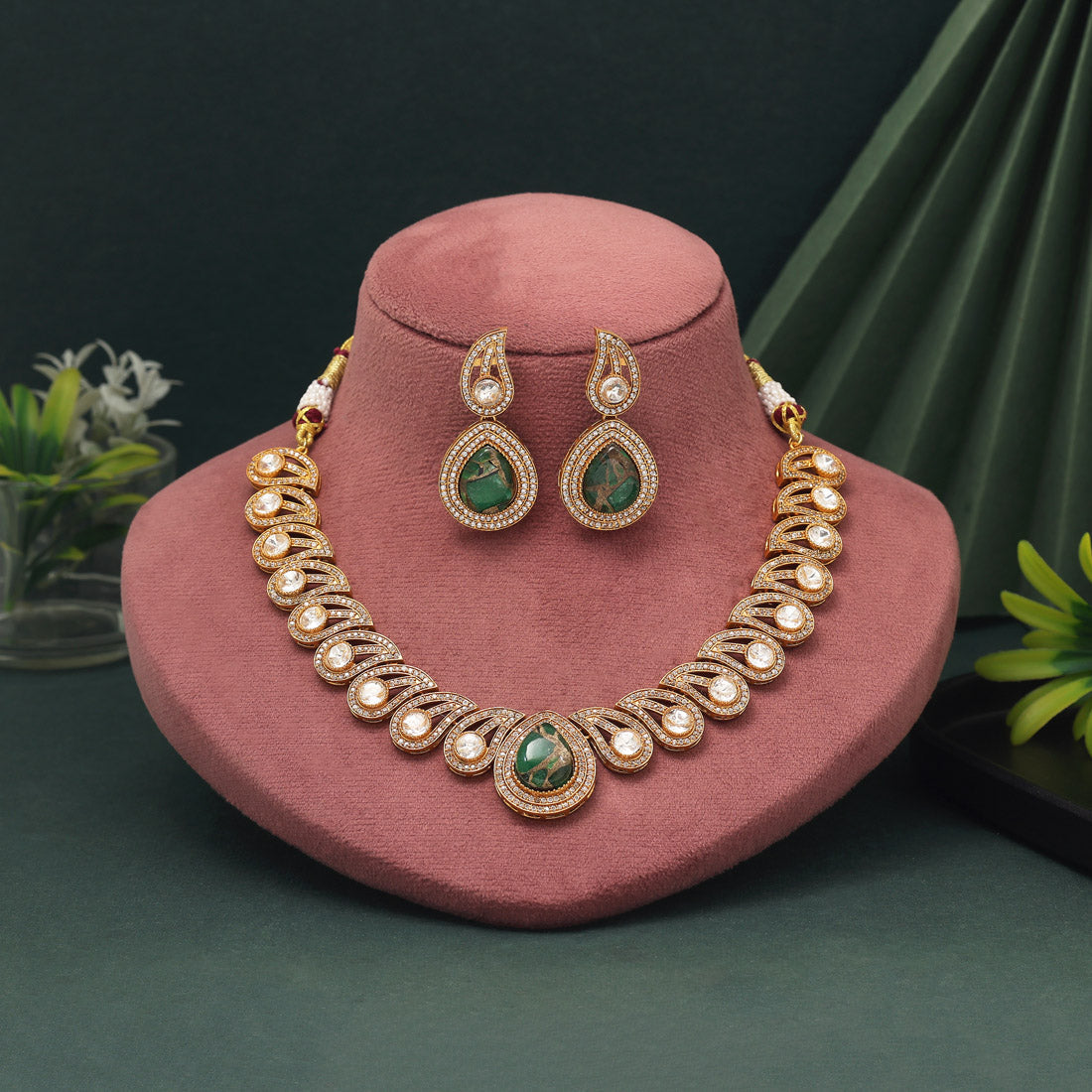 Bright Green Color American Diamond Necklace Set For Daily Festive Outfit Pairing