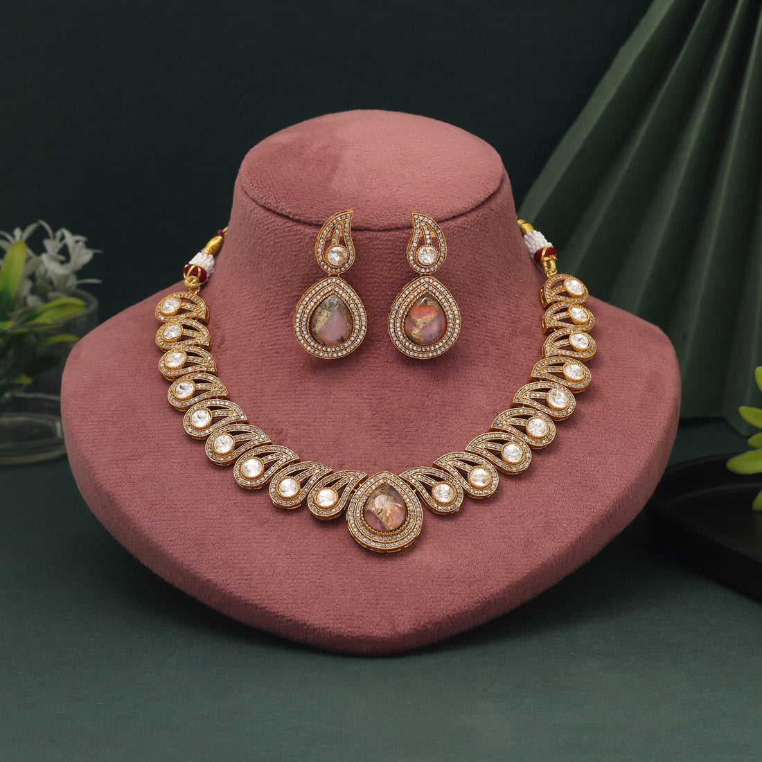 Pink Color American Diamond Necklace Set With Romantic And Chic Design Accents