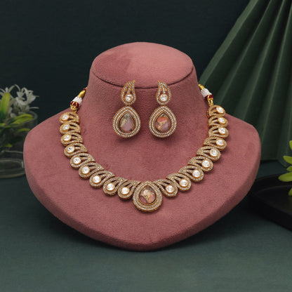 Pink Color American Diamond Necklace Set With Romantic And Chic Design Accents
