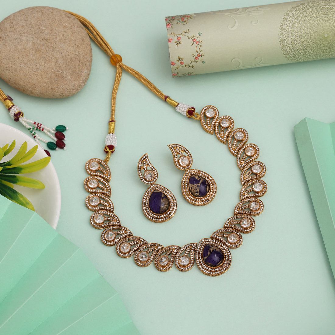 Deep Purple Color American Diamond Necklace Set With Exquisite Designer Crafting