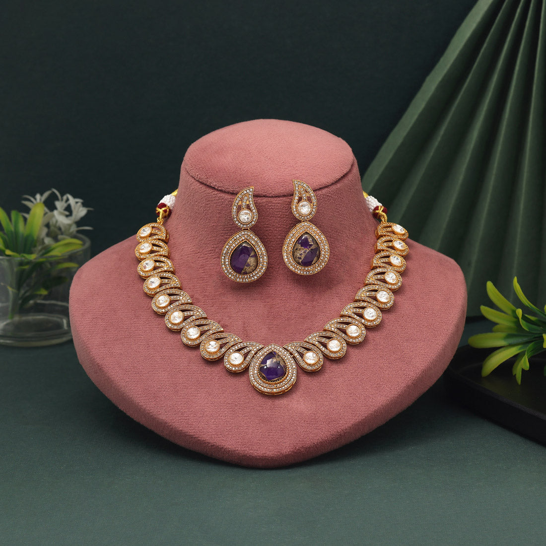 Deep Purple Color American Diamond Necklace Set With Exquisite Designer Crafting