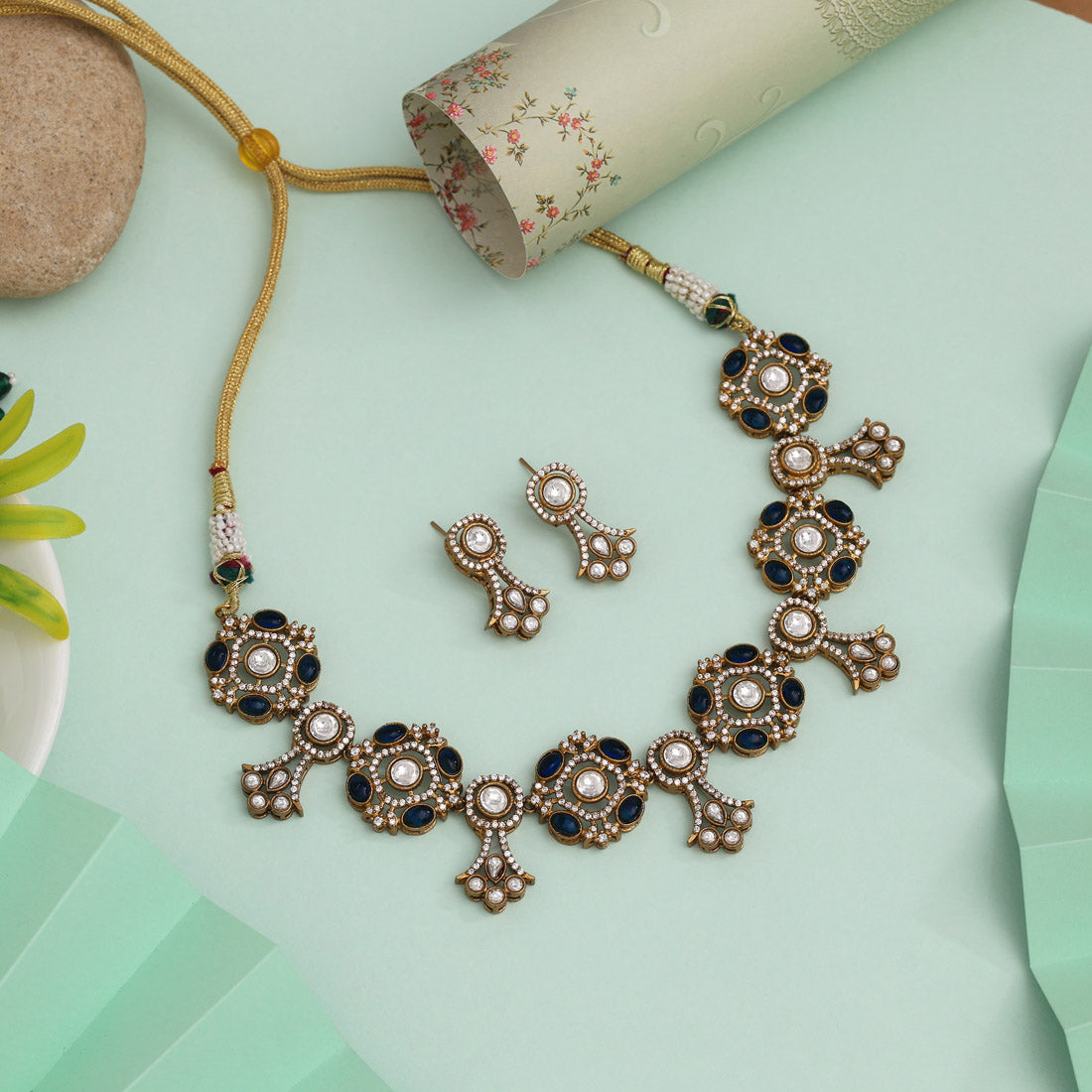 Blue Color American Diamond Necklace Set With Glossy And Sparkling Stones