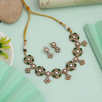 Shiny Green Color American Diamond Necklace Set With Crystals For Wedding Wear