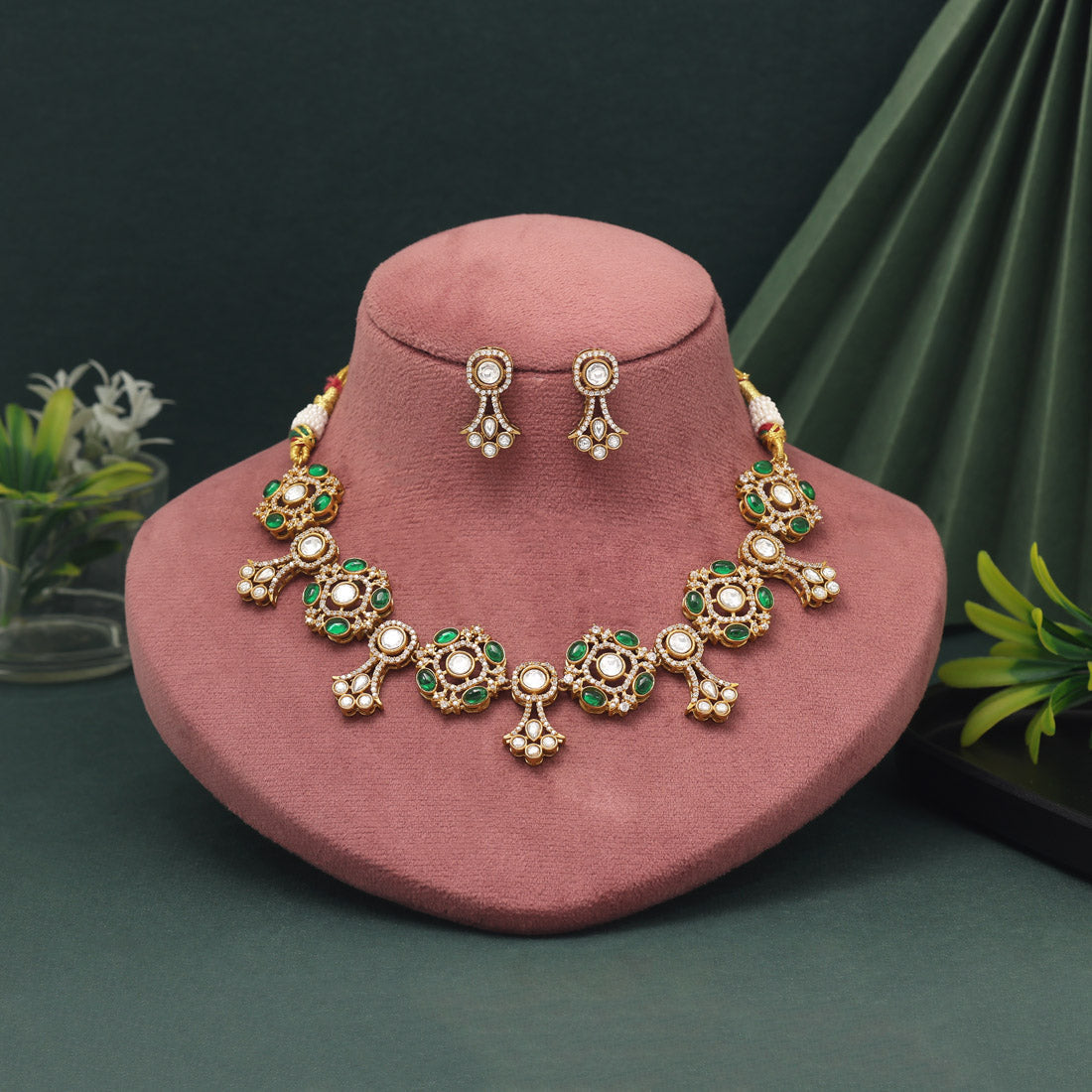 Shiny Green Color American Diamond Necklace Set With Crystals For Wedding Wear