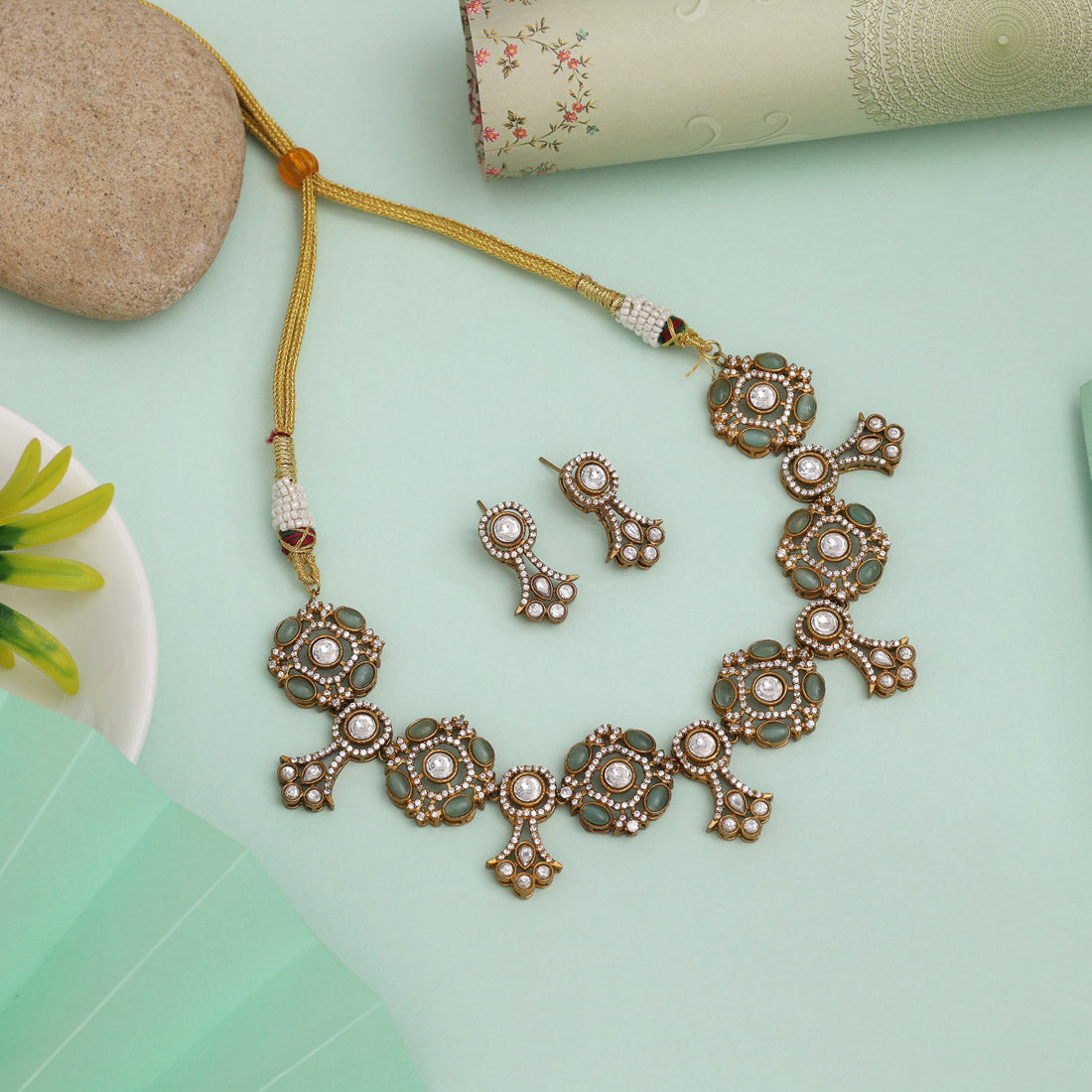 Pista Green Color American Diamond Necklace Set With Subtle Radiant Finish