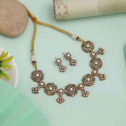 Pista Green Color American Diamond Necklace Set With Subtle Radiant Finish