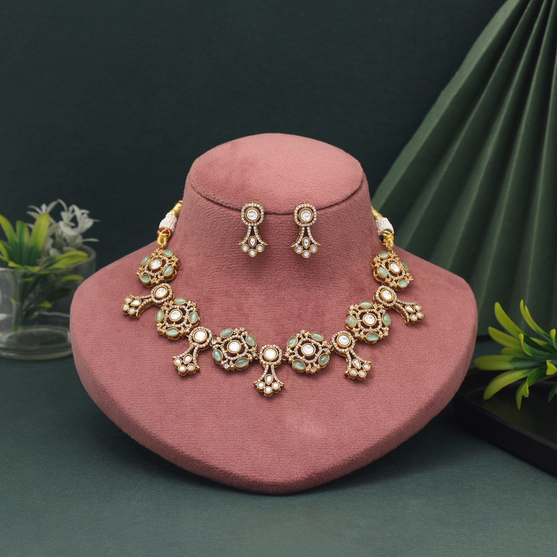 Pista Green Color American Diamond Necklace Set With Subtle Radiant Finish