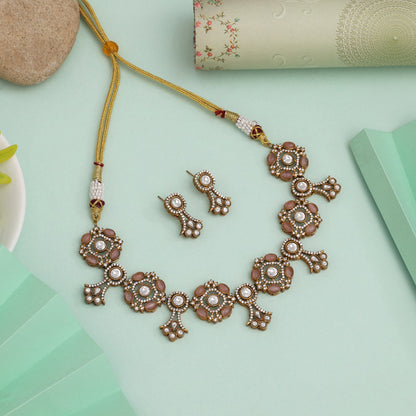 Elegant Pink Color American Diamond Necklace Set For Wedding And Party Looks