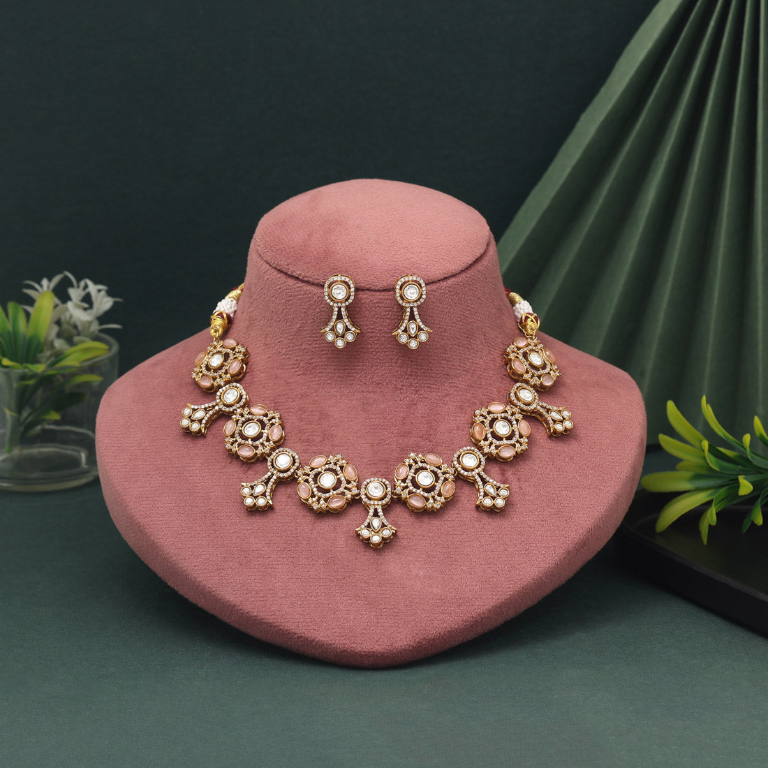 Elegant Pink Color American Diamond Necklace Set For Wedding And Party Looks