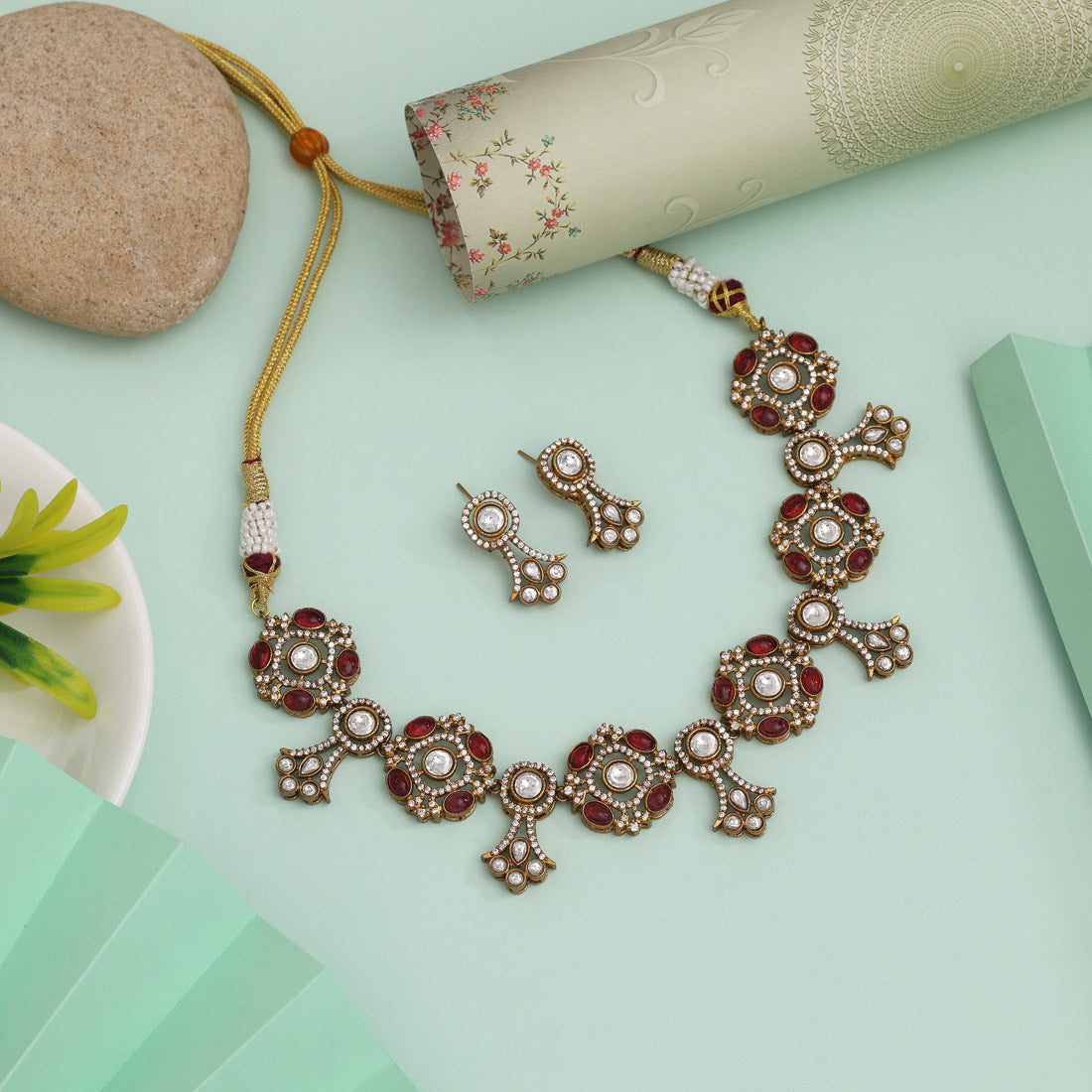 Rani Color American Diamond Necklace Set With Bold And Regal Stone Settings